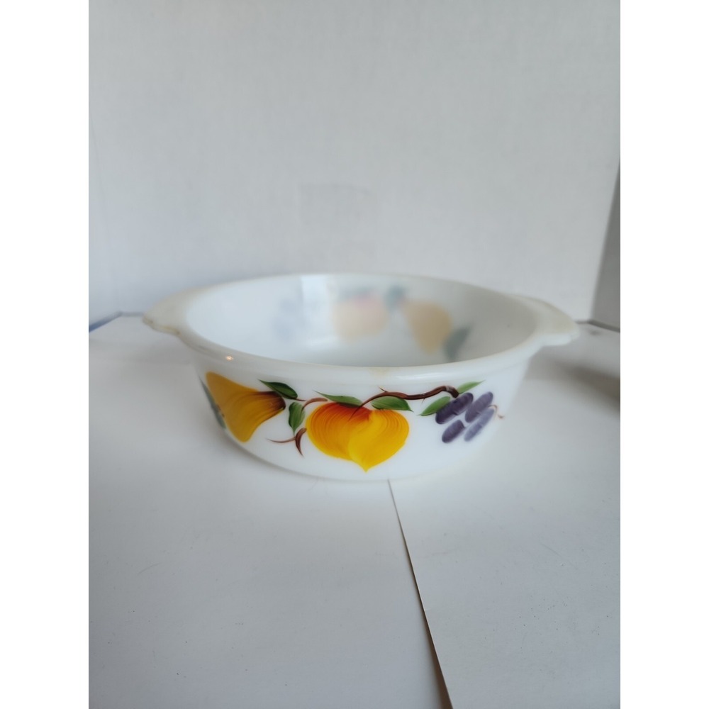 Vintage Hand Painted Fire King 1 1/2 Q Milk Glass Baking Dish, Reverse Markings
